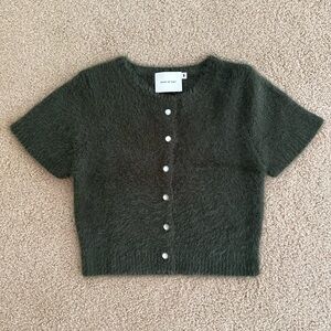 Cropped fuzzy green cardigan